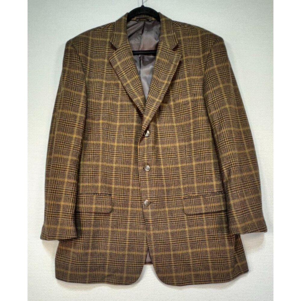 Ethomas Men's Custom Tailored Blazer Blend Size 42/43 Brown Plaid  Wool Cashmere